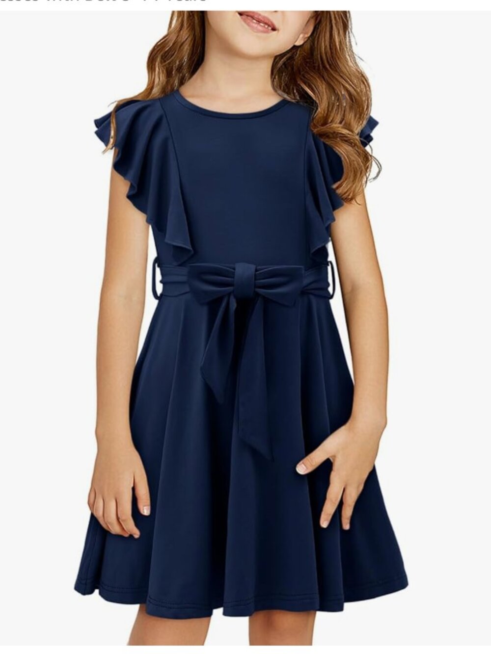 Girls Navy Ruffle A-Line Dress with Belt -  8-9Y